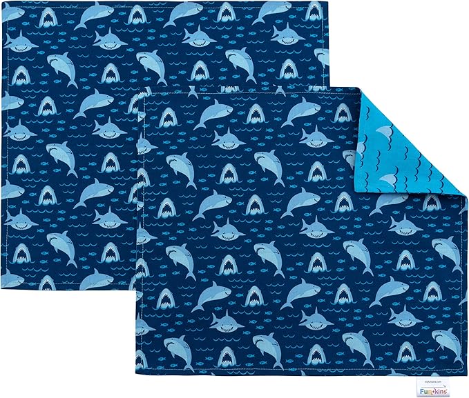 Funkins Reusable Cloth Placemats for Kids & Lunch Boxes | Reusable, Machine Washable, Eco-Friendly | 15"x13", 2-ply, Thick, Absorbent, Durable | Set of 2 Placemats (Sharks)