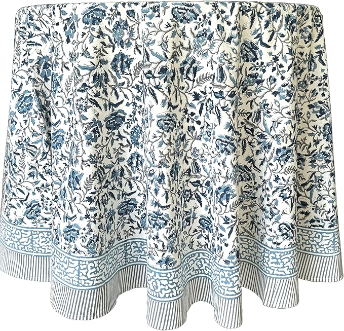 ATOSII Jodhpur Blue 100% Cotton Round Tablecloth, Handblock Print Floral Table Cloth for Kitchen Dining Linen I Parties, Weddings, Outdoors, Christmas I Fall Home Decor 90" Inches Round