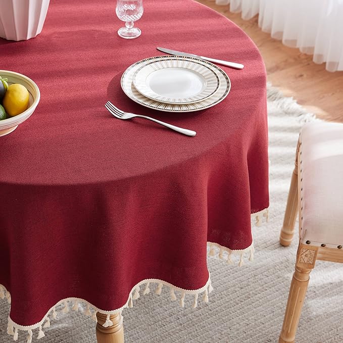 Linen Tablecloth with Tassels, Farmhouse Style Burgundy Tablecloth, Water Resistant Burlap Tablecloths for Round Table, 52 Inch Round Burgundy