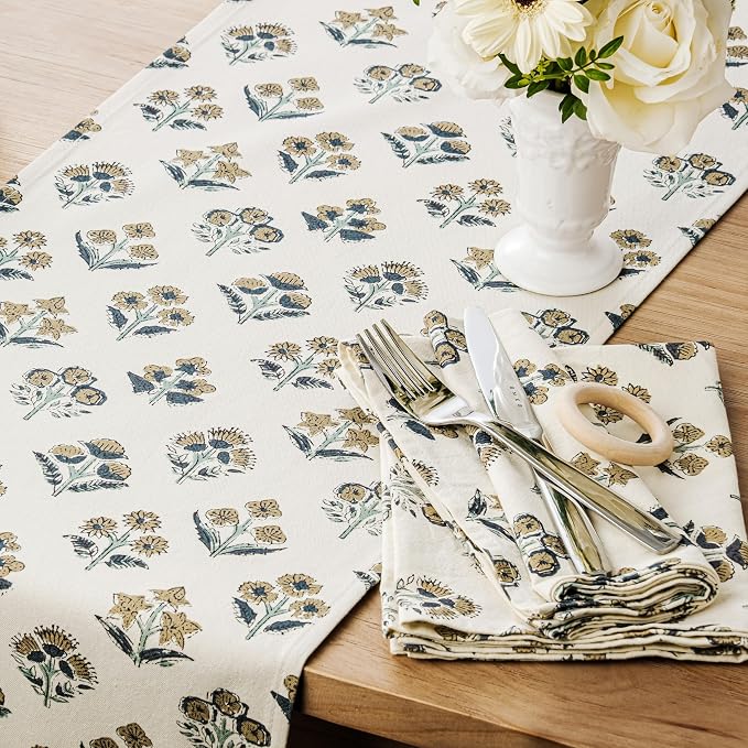 Block Print Floral Decorative Table Runners, 13x36 Inch Latte | 100% Organic - Image 2