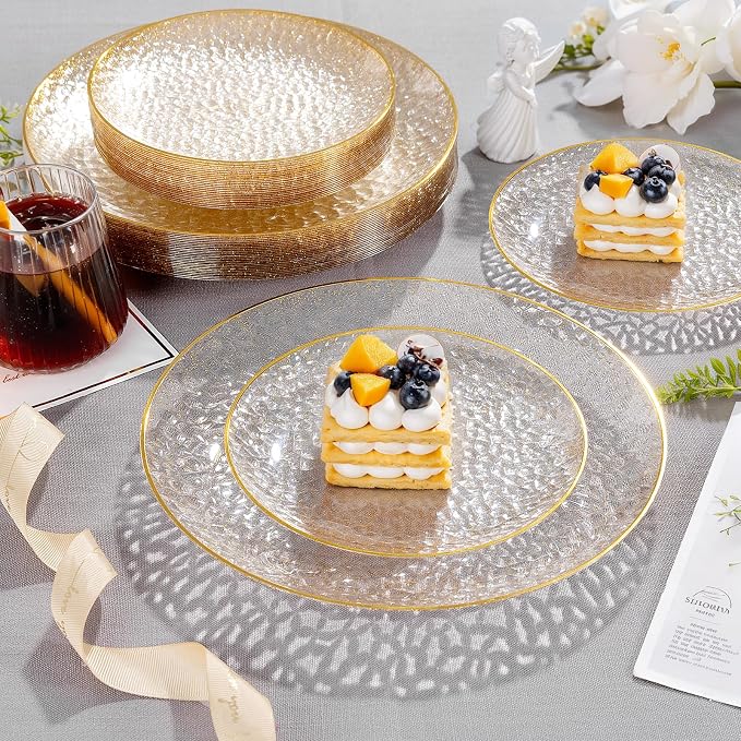 Rubtlamp 100Pcs Clear Gold Plastic Plates, Hammered Plastic Plates Included 50 - Image 4