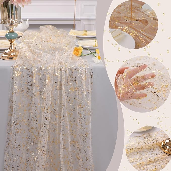 Snowkingdom 10 Pack 10ft Gold Table Runners, Sheer Chiffon Tulle Cheesecloth - Image 3