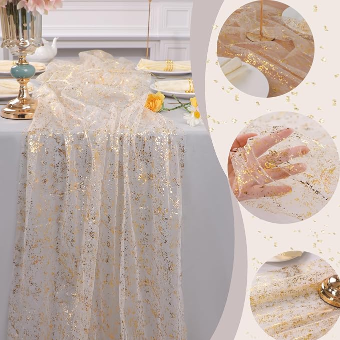 Snowkingdom 3Pcs 10Ft Gold Table Runners, Sheer Gauze Chiffon Cheesecloth - Image 3
