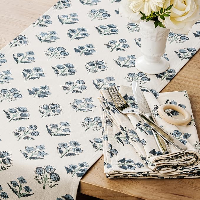 Block Print Floral Decorative Table Runners, 13x36 Inch Dusty Blue | 100% - Image 2
