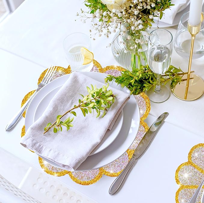Washable Waterproof Diamond Circle Placemats for Round Tablescape Decor for Dinner and Kitchen Bling Placemats for Weddings & Special Events-4 PCS (Yellow)