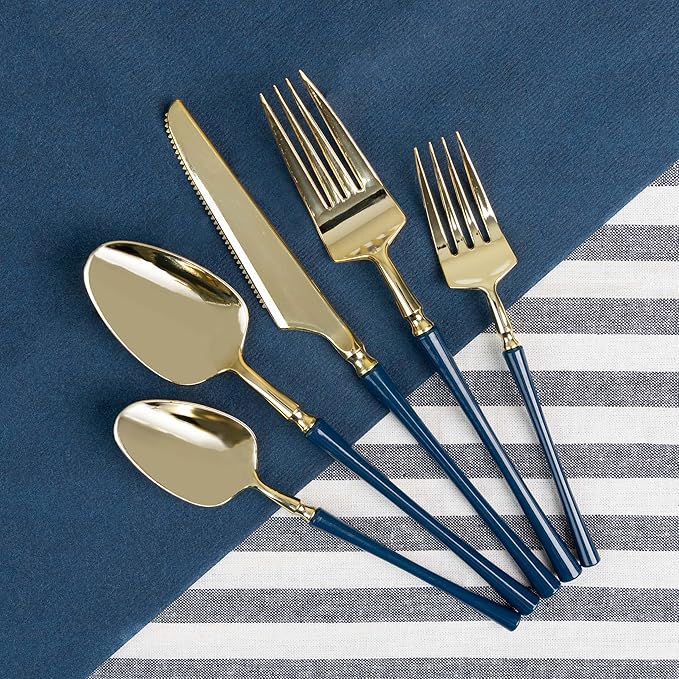 PLASTICPRO 20 Count Gold and Navy Plastic Knives Premium Quality Heavy Duty Disposable Elegant Silverware Two Tone Knives for Party
