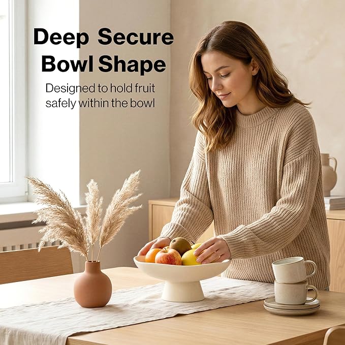 Modern Concrete Fruit Bowl for Kitchen Counter – Cream White Decorative Pedestal Bowl, 11.2” Wide Minimalist Fruit Tray for Home Décor, Table Decor, Entryway Key Bowl