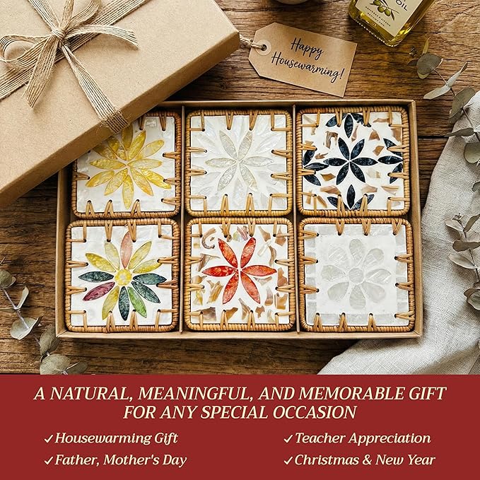 Handmade Rattan Coaster Set of 6, Cute Square Coasters with Mother of Pearl,Colorful Boho Coaster for Decorative, Coffee Table - Bar & Outdoor Drink Coasters, Unique Housewarming - Occasions Gift