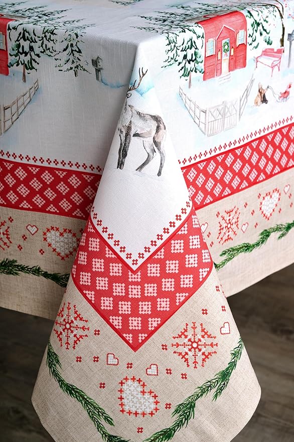 Maison d' Hermine Table Cloth Rectangle Table 100% Cotton 60 x 120 Inches Fall Tablecloth Reusable Everyday Use for Thanksgiving Christmas Decorations Dining Farmhouse Party (Rural Christmas)