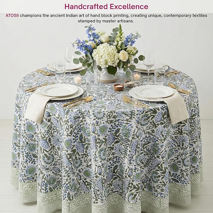 ATOSII Clover Blue 100% Cotton Round Boho Fall Tablecloth, Handblock Floral Table Cloth Linen for Kitchen Dining I Parties Outdoors Christmas Thanksgiving Fall Home Decor 72" Inches Round I 4-6 Seater