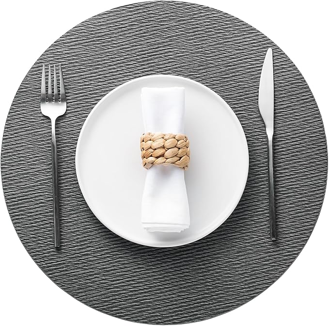 Jovono 15" Faux Leather Big Round Placemats Set of 8 - Washable Heat Resistant Non-Slip Dining Table Mats with Fabric Texture for Kitchen Home Party Decor, Gray