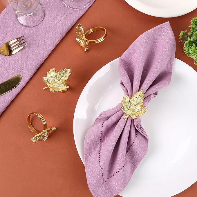 CLEENTABLE Maple Leaf Napkin Rings Set of 12 - Handcrafted Aluminum Napkin Holders for Cloth & Paper Napkins, Elegant Table Décor for Weddings, Thanksgiving, Christmas & Holiday Parties (Gold)