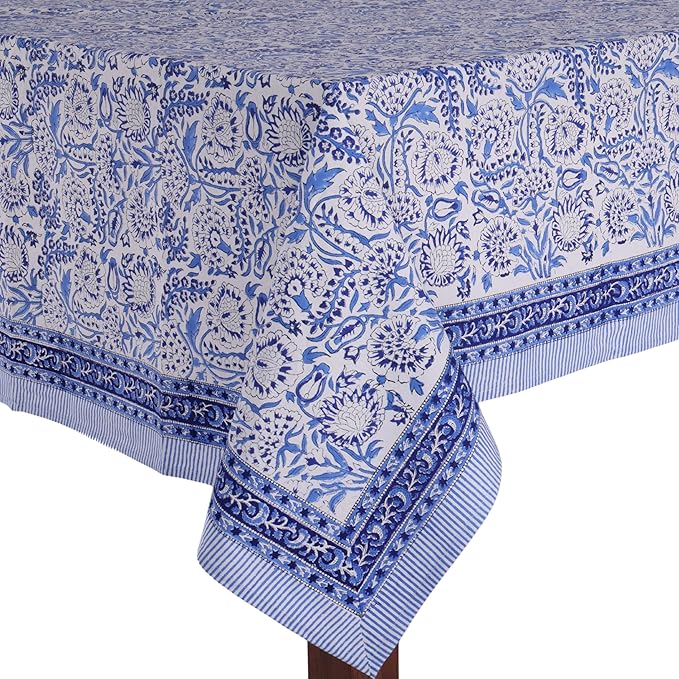 ATOSII Indigo Bloom 100% Cotton Rectangle Fall Tablecloth, Handblock Floral Linen Table Cloth for Dining Table I Parties Christmas Thanksgiving Grand Millennial Home Decor 72 X 108 Inches I 8 Seater