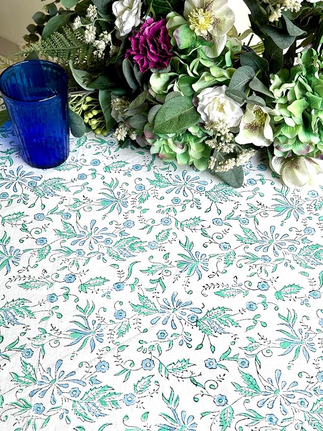 ATOSII Aster Blue 100% Cotton Round Tablecloth, Handblock Print Floral Table Cloth for Kitchen Dining Linen I Parties, Weddings, Outdoors, Easter, Spring Summer Decor I 72" Inches Round