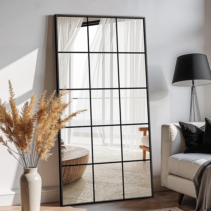 Large Window Pane Full Length Mirror for Wall, 55"x28" Black Rectangular Wall Mirror for Living Room, Bedroom, Entryway, Hanging or Leaning