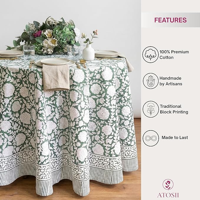 ATOSII Shalimar Green 100% Cotton Round Boho Fall Tablecloth, Handblock Floral Table Cloth Linen for Kitchen Dining I Parties Wedding Outdoors Christmas Thanksgiving I Fall Home Decor 60" Inches Round