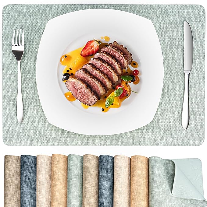 Heat Resistant Placemats Set of 2, 17x12in Waterproof Wipeable Faux Leather Non Slip Table Mats, Easy to Clean, Stain Resistant, for Kitchen Dining Room– Sage Green