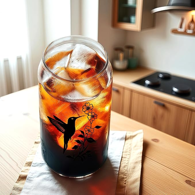 Cute Hummingbird Glass Cup With Lids And Straws, Hummingbird Gift For Women, Iced, Coffee, Smoothie, Cocktail, Beer, Whiskey, Soda, Matcha,16 Oz, Home Office Table Desk Decoration!