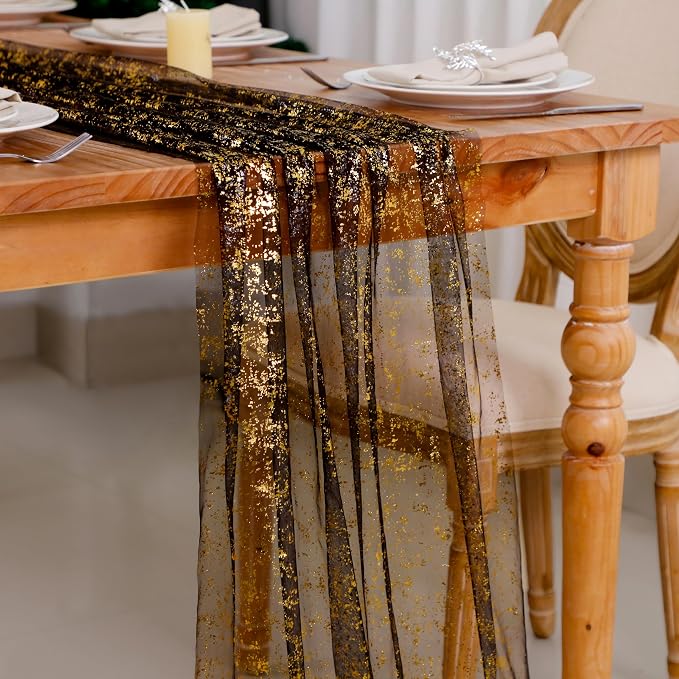 Snowkingdom 6 Pcs Black & Gold Cheesecloth Table Runner 10 FT, Sheer Chiffon - Image 7