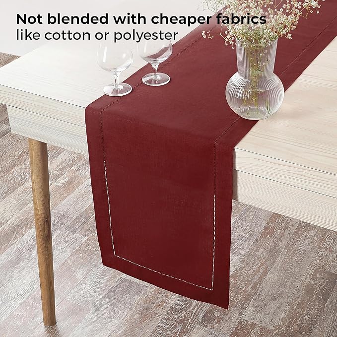 D'Moksha Homes Linen Dark Red Table Runner 132 Inches Long - 100% Pure Linen Extra Long Table Runner 14 x 132 Inch for Valentines, Spring - Classic Hemstitch