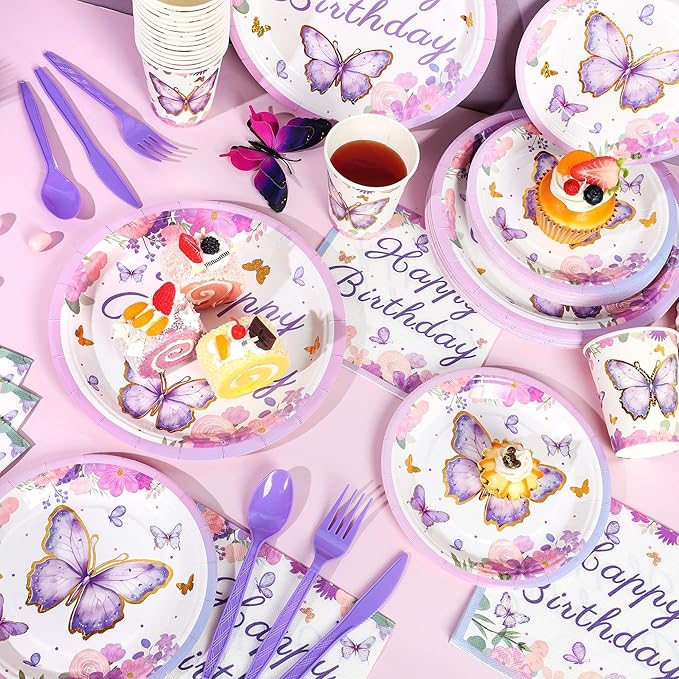 Kochorie 400 Pieces Butterfly Disposable Party Tableware Sets Including Plates Cups Napkins Cutlery Serves 50 for Butterfly-themed Party Birthday Baby Shower Girls Party Decorations