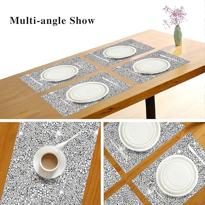 Silver Placemat Heat Resistant Square Trivet With Rhinestone Decor - Crushed Diamond Bling Sparkly Mat Set of 1