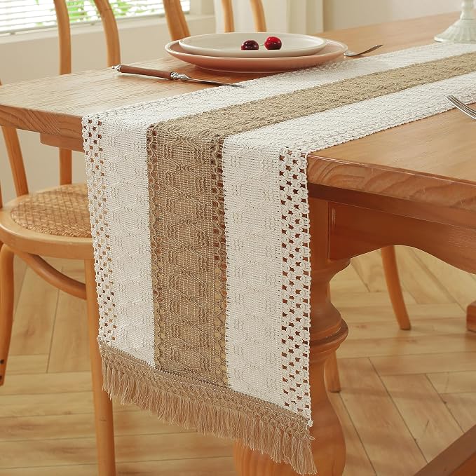 Boho Table Runner for Brown White Tassel Home Decor 90 Inches Long, Modern - Image 5
