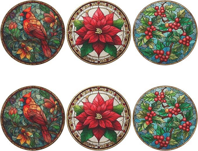 Christmas Bird Coasters Leather Round Drink Coasters 6 Pcs Set with Holderor for Cup Drink Coffee Table Bar Home Decor