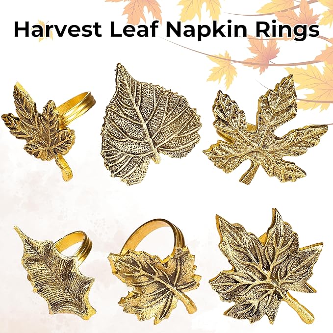 ALPHA Living HOME Rustic Napkin Rings Set of 12 - Elegant Leaf Napkin Holders for Dining Table, Wedding, Party, Holiday & Everyday Use - Handmade Decorative Table Accessories (Antique Gold)