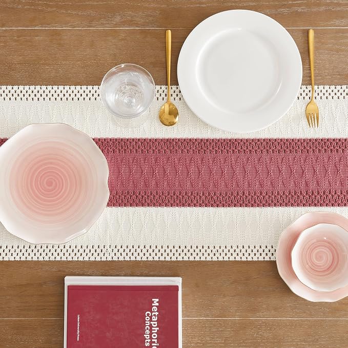 Macrame Style Bicolor Stitching Table Runner 14x108in Dusty Rose | Woven Boho - Image 4