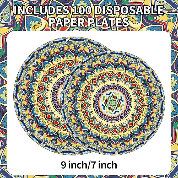 ZULYSTO 100PCS Boho Paper Plates (50×7 Inch & 50×9 Inch) – Disposable Plates, Vintage Bohemian Style Dessert Dinner Plates, Plate Set for Party Kitchen Decorative Birthday Wedding