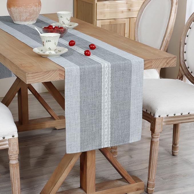 NEWISHER Farmhouse Braided Striped Embroidery Table Runner 72 inches Grey | by Newisher