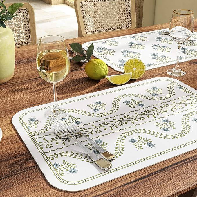 ISAENNE Rectangular Placemats Set of 6,Floral PVC Placemats, Waterproof and Heat-Resistant Place Mats,Decoration for Kitchen, Dining, Parties, Holiday,12"*17"