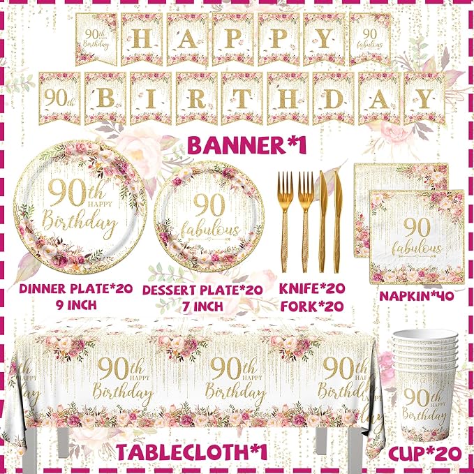 90th Birthday Party Tableware, Includes Plates, Tablecloth, Serves 20 - Image 5
