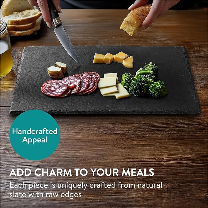 Navaris Slate Plates - Food Contact Safe Black Stone Plates - Charcuterie Boards Serving Plate - Stone Slate Slab Platter Cheese Board - Set of 4-15 x 11 (38 x 28 cm)