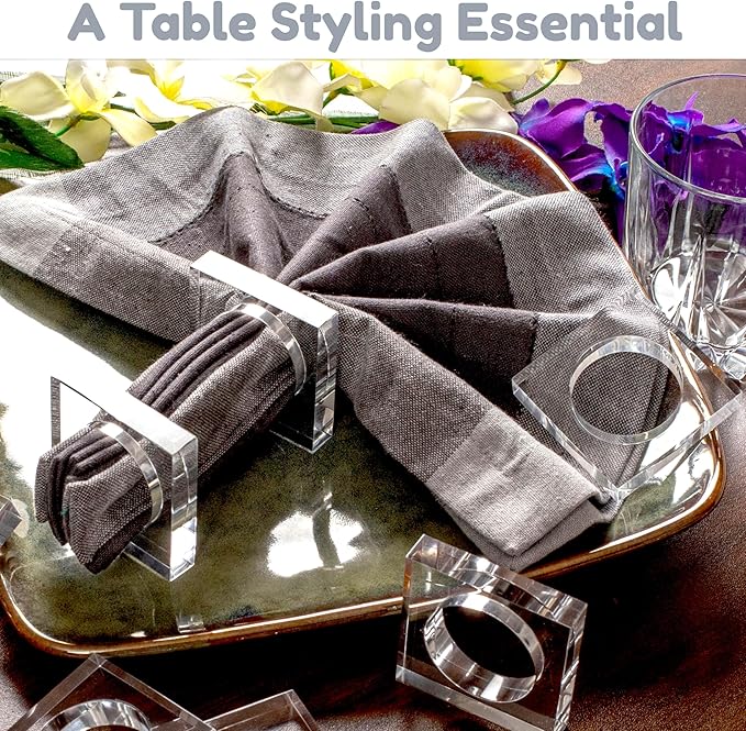 CLEENTABLE Acrylic Set of 12 Square Beveled Napkin Ring - Cloth Napkin Rings Serviette Buckles for Wedding, Birthday, Banquet, Table Décor, Home Décor, Gifting (Transparent)