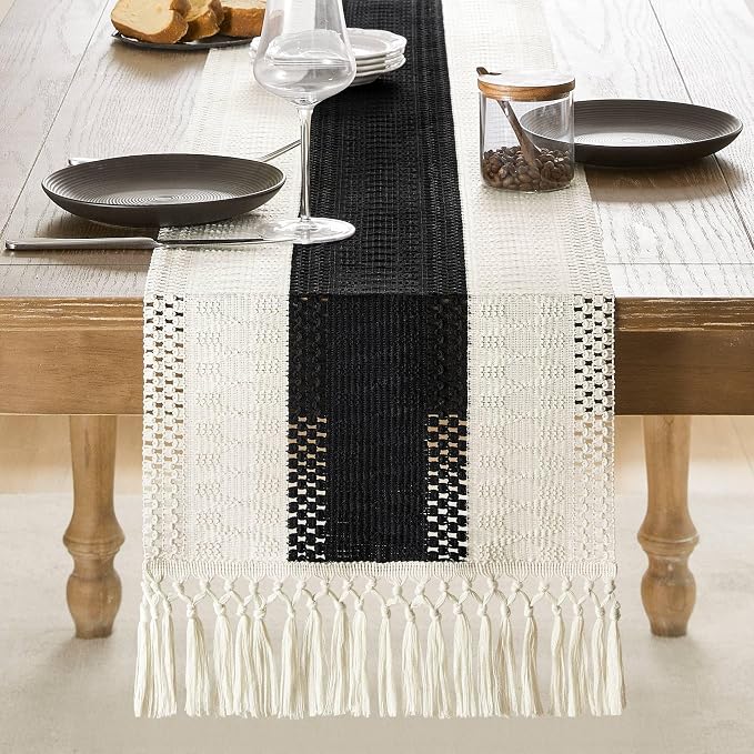 Macrame Style Bicolor Stitching Table Runner 14x60in Black | Woven Boho Table - Image 2