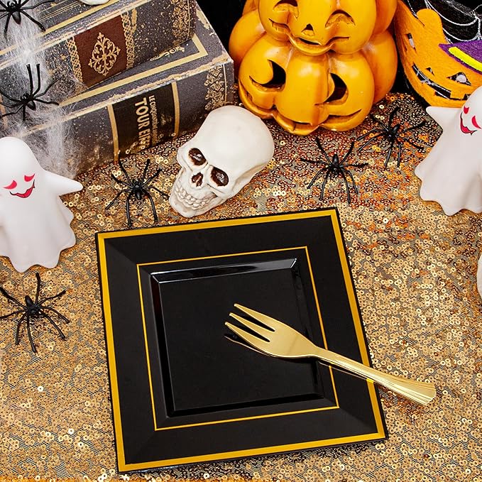 WDF 200PCS Black and Gold Plastic Dessert Plates with Plastic Forks -6’’ 100 Square Disposable Appetizer Plates Small Plate Cake Plate with Gold Rim for New Year