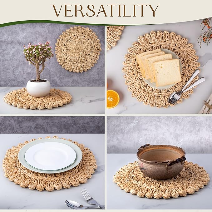 11.8" Corn Husk Woven Round Placemats Set of 4 - Wicker Boho Farmhouse Placemats - Rattan Table Mats Like Water Hyacinth for Dining Table, Wedding, Home