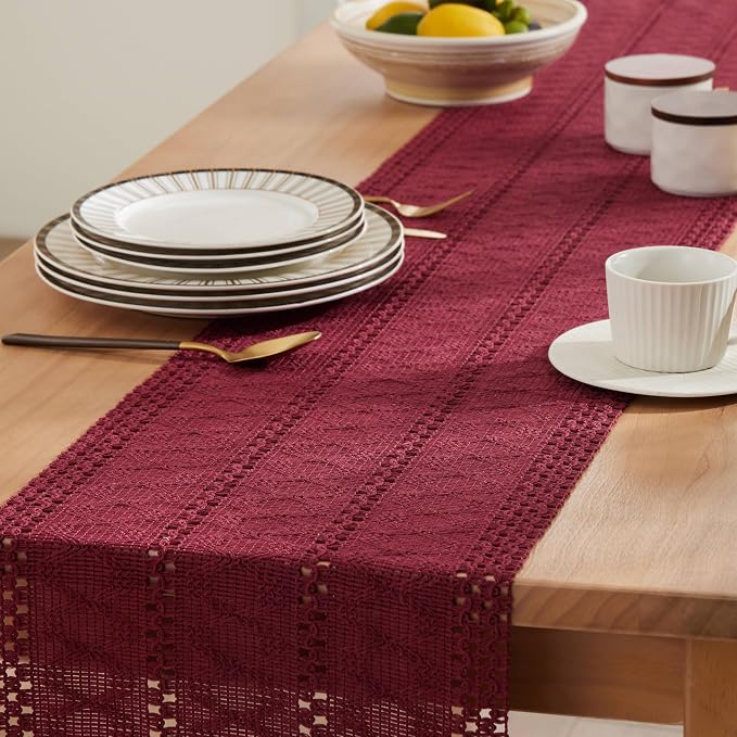 Macrame Style Boho Table Runner, 12x72 Inch Burgundy | Woven Boho Table Runner - Image 5