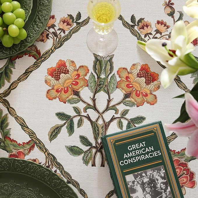 patdrea Designer Linen Rectangle Tablecloth,Vintage French Floral Tablecloths,Wrinkle Free Table Cloth,Decorative Table Cover Cloth for Kitchen,Dining,Tea Party,Home,Christmas,63"*102"
