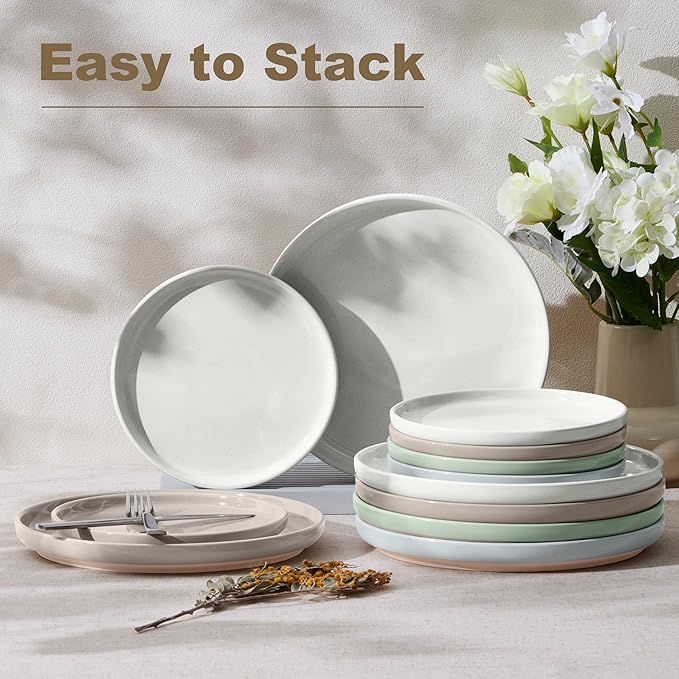 LIANYU Stoneware Dinner Plates Set of 6, 10.5 Inch Porcelain Dinner Plates for Kitchen, Large and Round Ceramic Salad Dishes Set, Oven, Microwave & Dishwasher Safe, Scratch Resistant, Three-color
