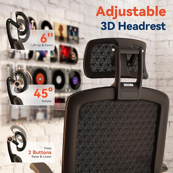 GABRYLLY Ergonomic Office Chair, High Back Home Desk Chair with Flip-Up Arms, 3D Headrest, Thick Sponge Sea &90-120° Recline, Big and Tall Mesh Executive Chairs for Man Woman, Black Woodgrain