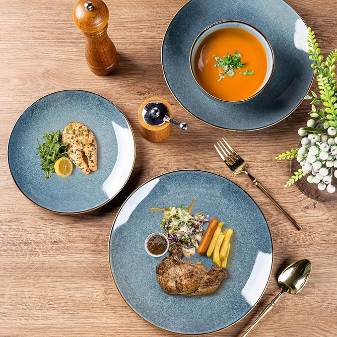 GBHOME Ceramic Dinnerware Sets for 8, 24 Pieces Stoneware Plates and Bowls Sets, Reactive Glaze Dishes -Scratch Resistant, Dishwasher&Microwave Safe-Space Blue