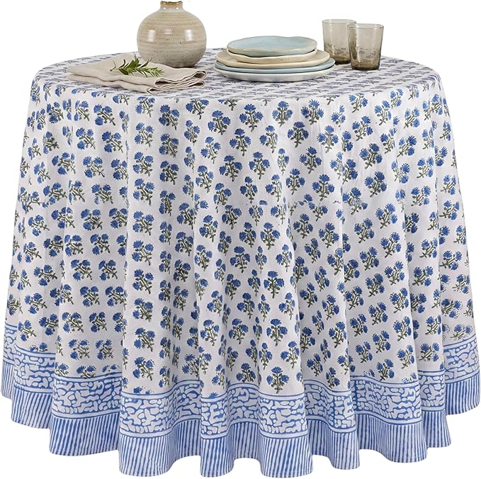 ATOSII Gulbahar Blue 100% Cotton Fall Round Tablecloth, Handblock Print Floral Table Cloth for Kitchen Dining Linen I Thanksgiving, Christmas, Weddings, Outdoors, Parties I 72" Inches Diameter
