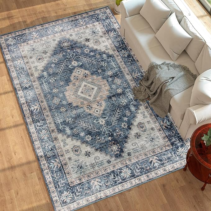 HOMCOM Washable Area Rug, 8'x10' Vintage Indoor Distressed Carpet, Retro Floor Cover Foldable, Floral Print Mat for Living Room, Bedroom, Dining Room, Blue