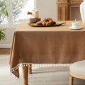 Linen Tablecloth with Tassels, Farmhouse Style Brown Tablecloth, Water Resistant Burlap Tablecloths for Square Table, 60x60 Inch Caramel