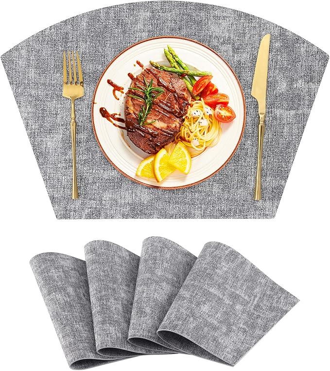 Homaxy Round Table Placemats Set of 4, Washable Wedge Shaped Faux Leather Table Mats, Wipeable Kitchen Dinner Place Mats for Indoor Outdoor, Black & White