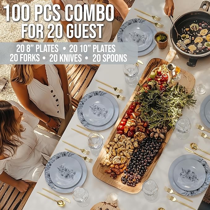 Trendables Fancy Plastic Dinnerware Sets 100 Pc 20 Guests Gold Silverware Disposable 20 X 10 Inch Charger Plates 20 X 8 Inch Dessert Plates 20 x Gold Plastic Forks and Spoons Knives In Dandelion Bloom
