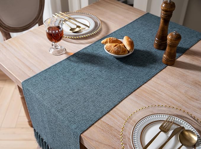 Blue Table Runners 90 Inches Long, Burlap Linen Style Rustic Farmhouse Table - Image 4